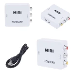 Vista frontal del adaptador HDMI a RCA con conectores AV y HDMI