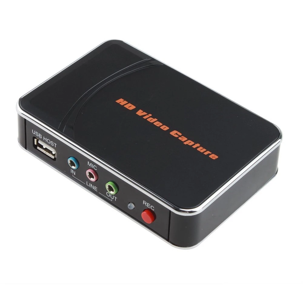 Vista lateral de la capturadora EZCAP 280 con puerto USB y salida HDMI
