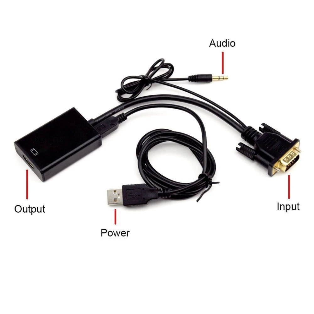 Vista lateral del convertidor VGA a HDMI con cable USB y audio satkit