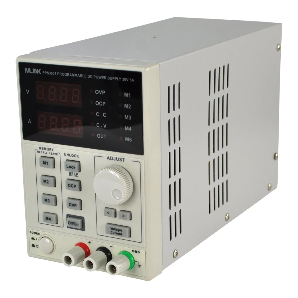 Vista lateral de la fuente alimentación programable Mlink PPS3005 con interfaz USB