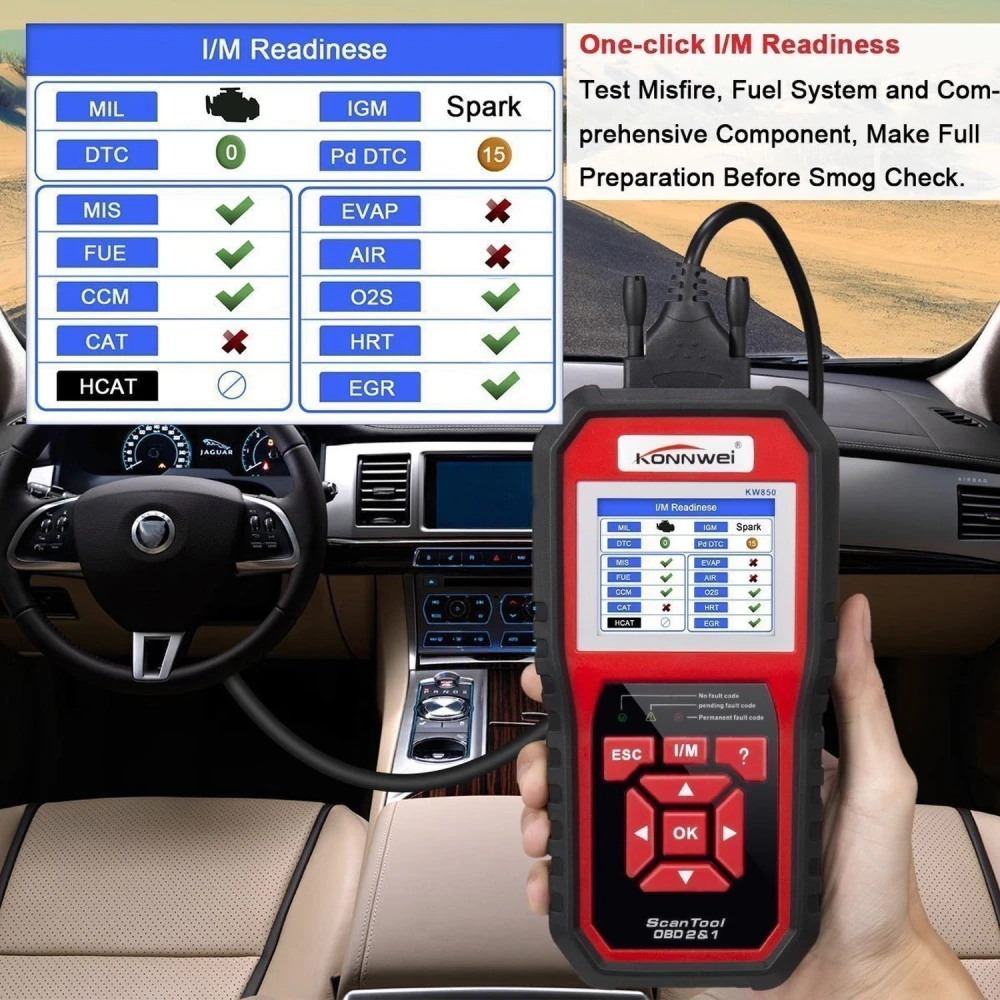 Vista frontal del lector de códigos KW850 OBD2 Konnwei