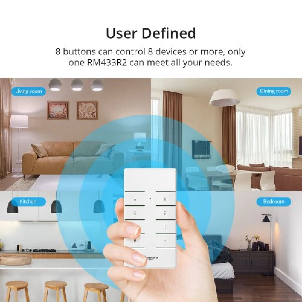 Control remoto SONOFF RM433R2 instalado en pared con cinta adhesiva 3M