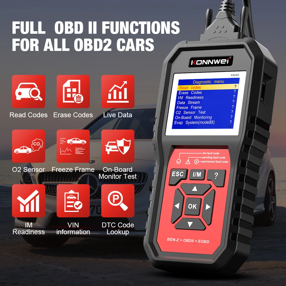 Herramienta OBD2 Konnwei KW460 para reset de aceite y sistemas Mercedes Benz