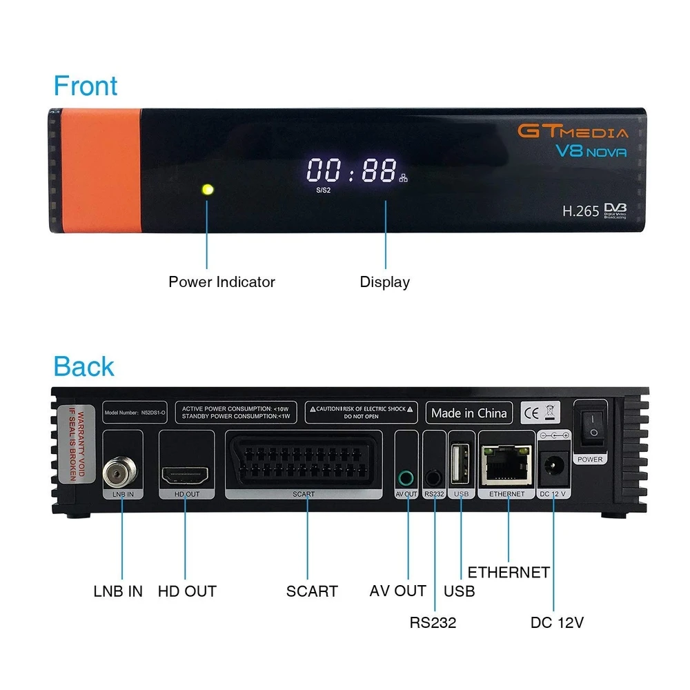 Receptor satélite Freesat V8 Nova HD con cable HDMI y adaptador de corriente