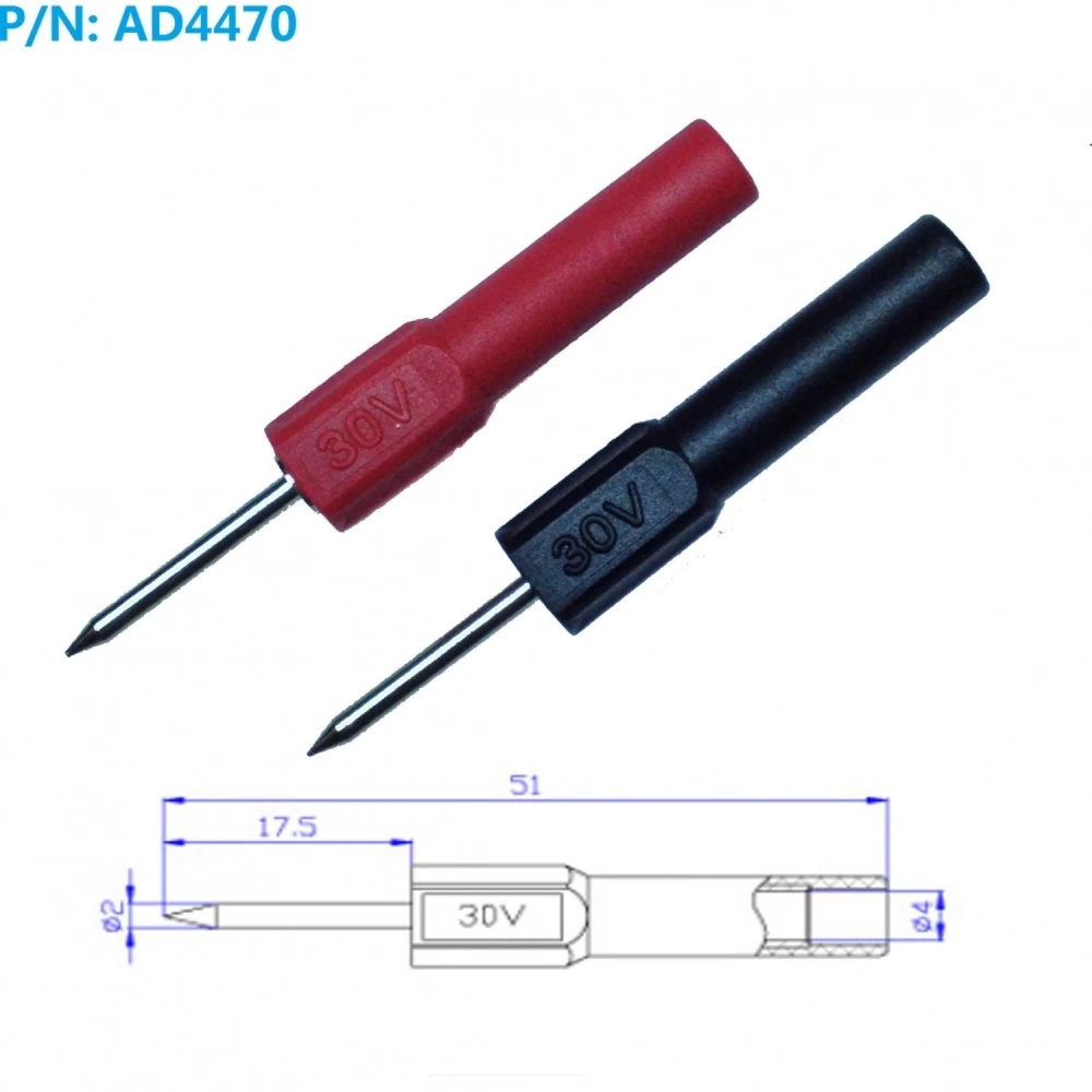Detalle de la punta fina de 2mm de la sonda de prueba para banana 4mm Amass