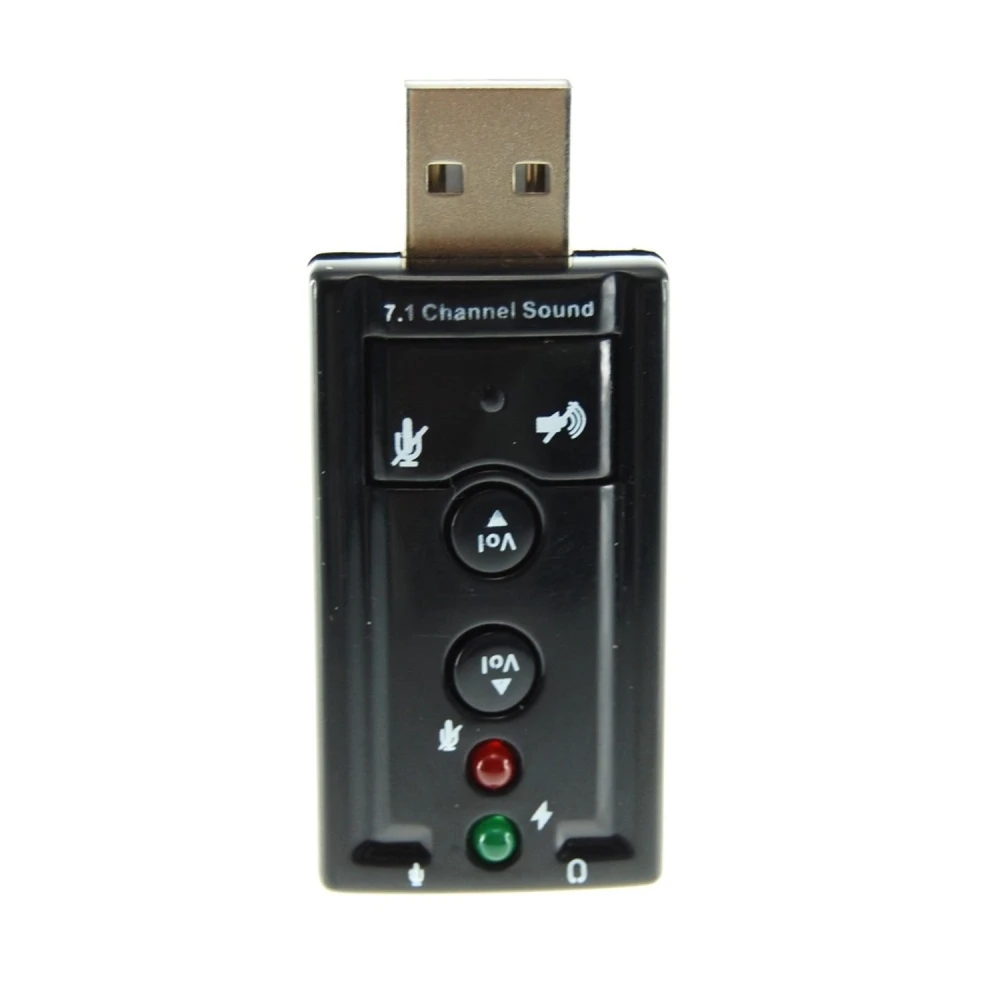 Vista lateral de la tarjeta de sonido 7.1 USB Satkit con botones de volumen