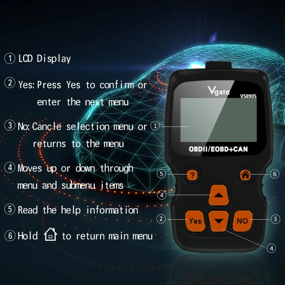 Detalle del teclado de 6 teclas del lector VS890S OBD2