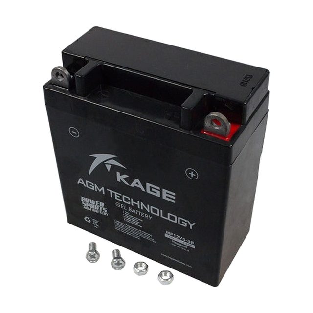Μπαταρία μοτοσυκλέτας gel YB5L-B, σε μετωπική όψη με τους δύο πόλους της