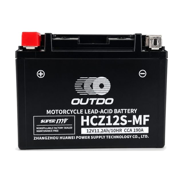 OUTDO HCZ12S-MF, μπαταρία μοτοσυκλέτας YTZ12S, σε μετωπική όψη με τους δύο πόλους της
