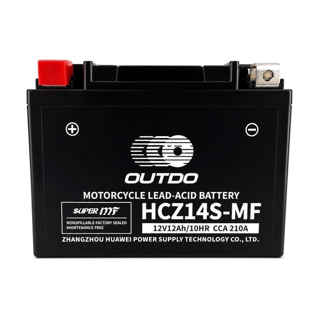 OUTDO HCZ14S-MF, μπαταρία μοτοσυκλέτας YTZ14S, σε μετωπική όψη με τους δύο πόλους της