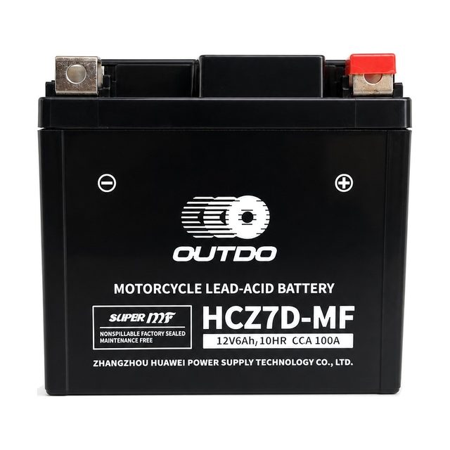 OUTDO HCZ7D-MF, μπαταρία μοτοσυκλέτας YTZ7S, σε μετωπική όψη με τους δύο πόλους της