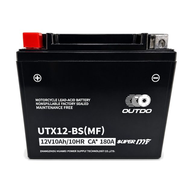 OUTDO UTX12-BS, μπαταρία μοτοσυκλέτας YTX12-BS, σε μετωπική όψη με τους δύο πόλους της