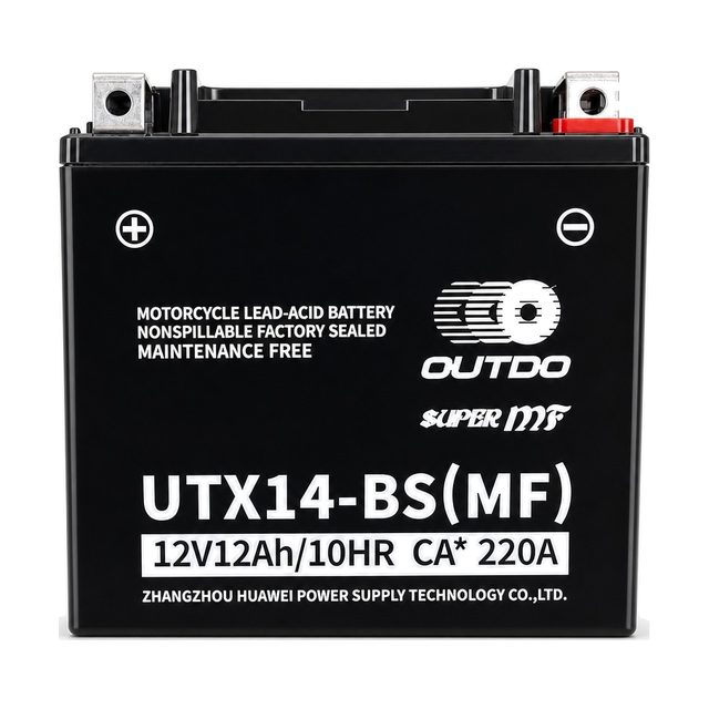 OUTDO UTX14-BS, μπαταρία μοτοσυκλέτας YTX14-BS, σε μετωπική όψη με τους δύο πόλους της