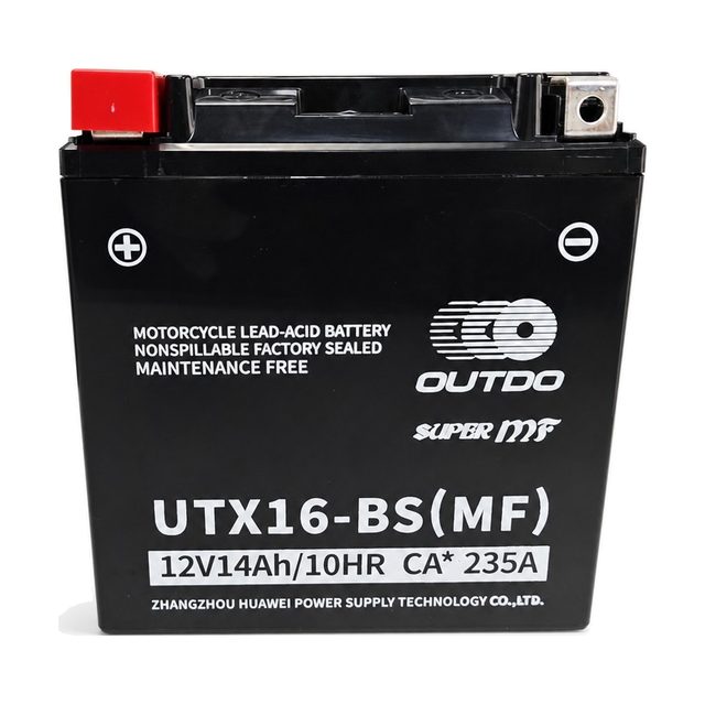 OUTDO UTX16-BS, μπαταρία μοτοσυκλέτας YTX16-BS, σε μετωπική όψη με τους δύο πόλους της