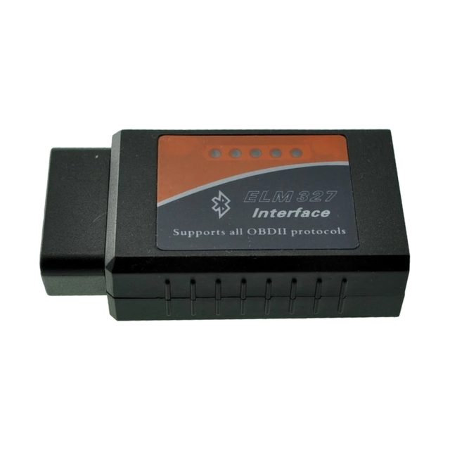 Μαύρος αντάπτορας ELM327 Bluetooth v1.5 με πορτοκαλί ετικέτα και βύσμα OBD2 16 ακίδων